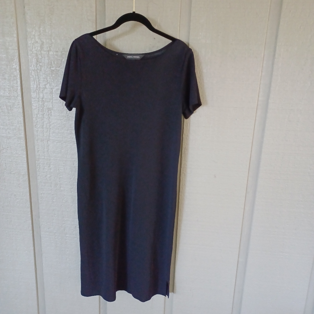Misook Women Black Knit Dress Size M Minimalist Short Sleeve Pullover Acrylic